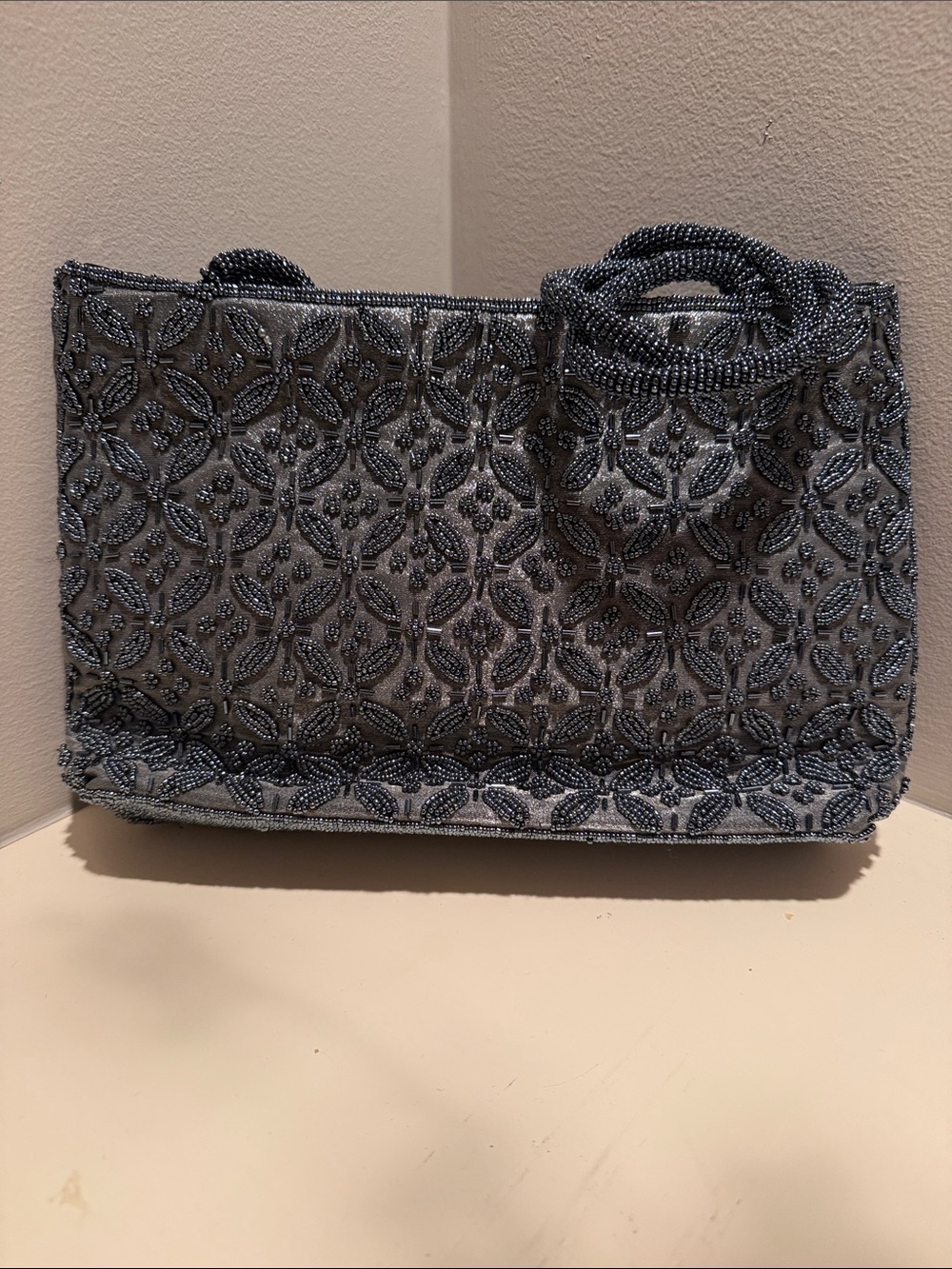 Elegant Black Beaded Shoulder Bag with Patterned Floral Design and beaded straps